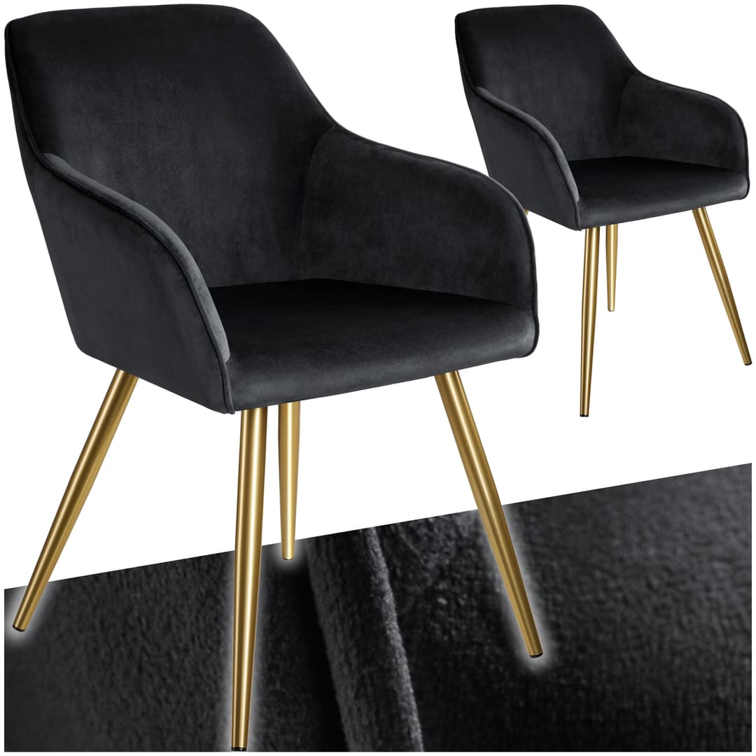 Esszimmerstuhl Marilyn Samtoptik, goldene Stuhlbeine - schwarz/gold, 2er Set