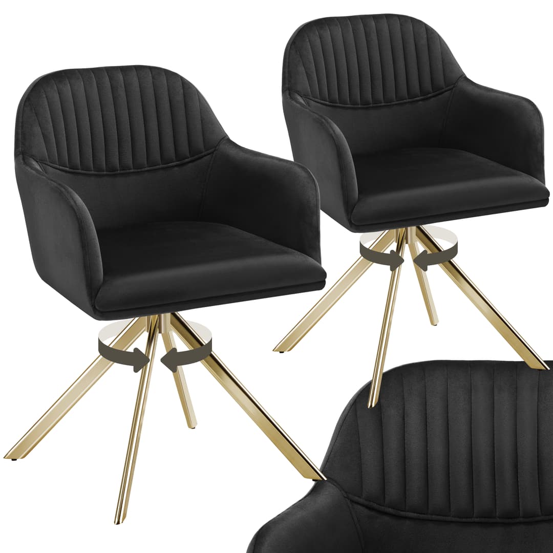 Samt-Drehstuhl Lona mit dicker Polsterung - schwarz/gold, 2er Set