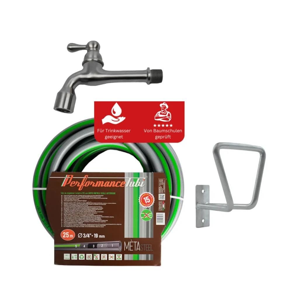 Trinkwassertaugliches Gartenschlauch Set inkl. Schlauchhalter & Wasserhahn