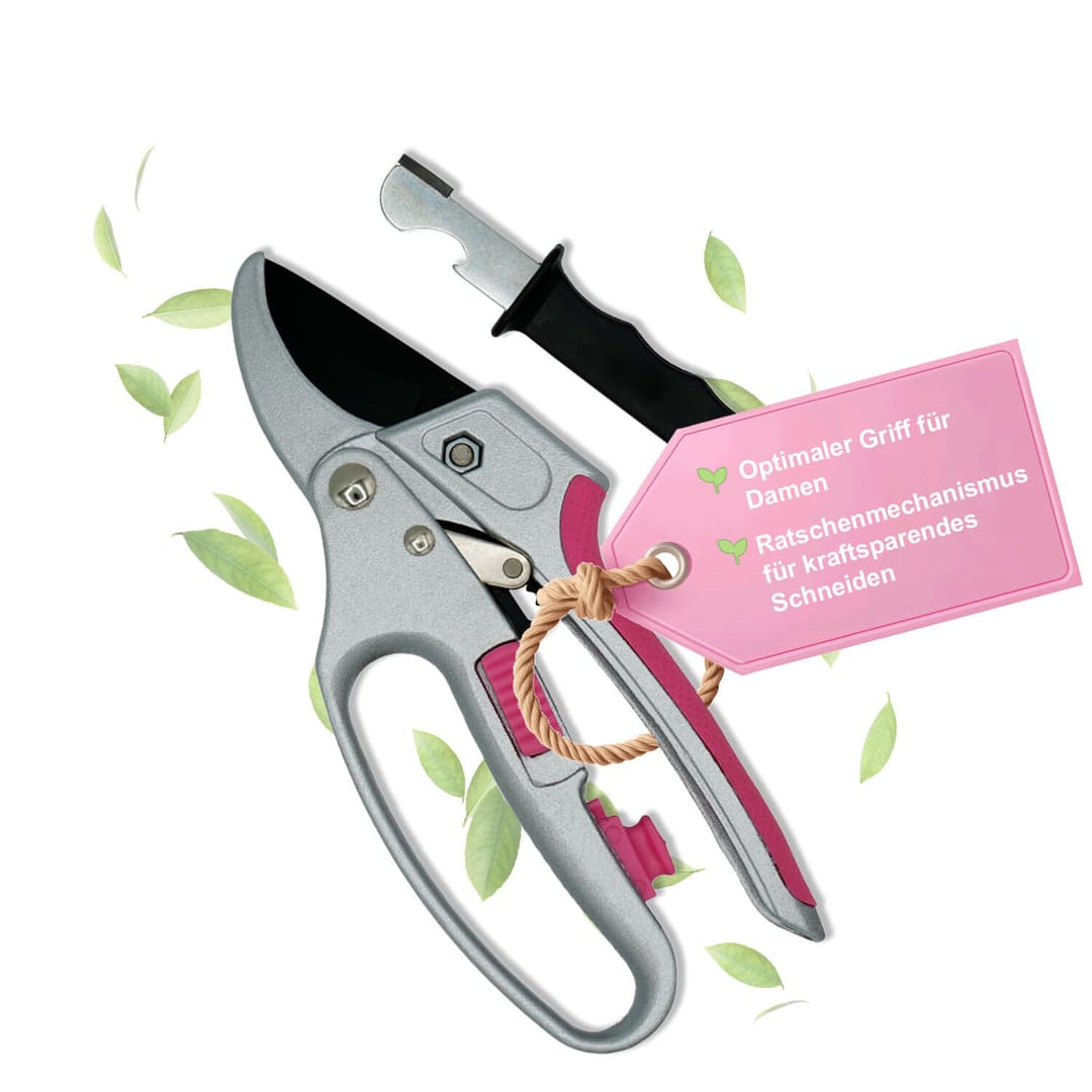 Gartenschere mit Ratschenmechanismus inkl. Klingenschleifstein, pink