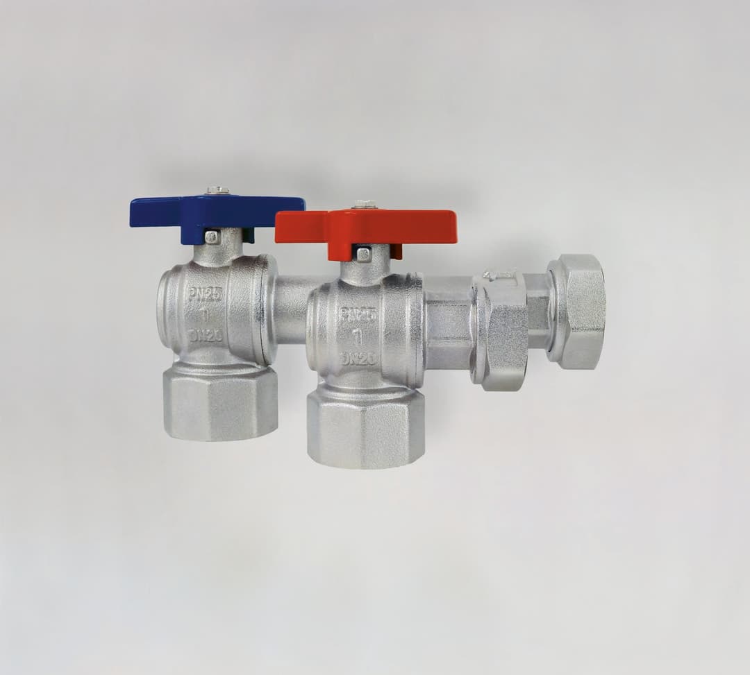 Alva FBH Verteiler Kugelhahnset Eck 1″IG x 1″ ÜWM